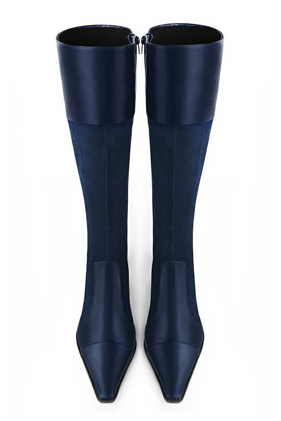 Navy blue women's riding knee-high boots. Tapered toe. Low leather soles. Made to measure. Top view - Florence KOOIJMAN